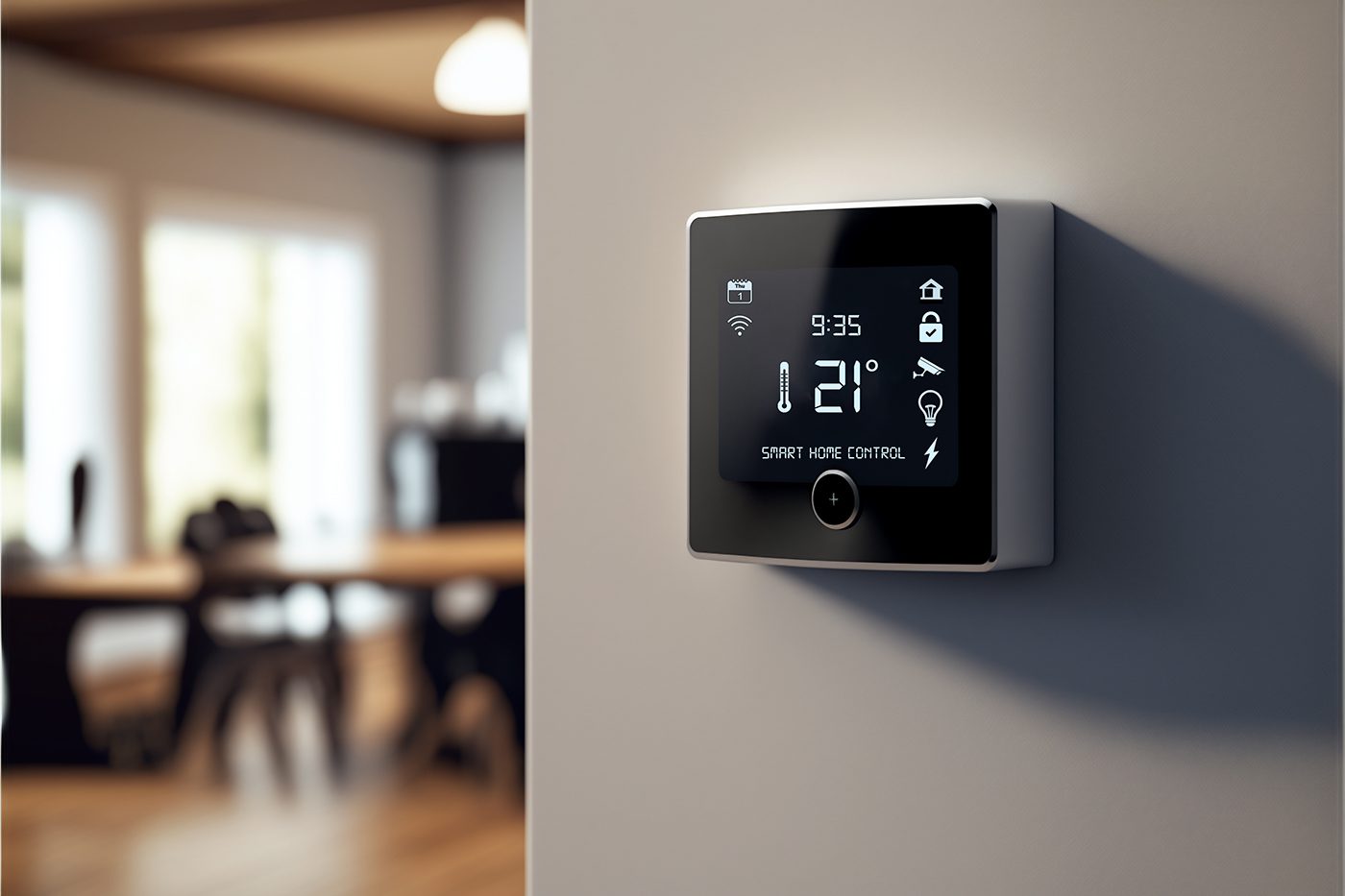 A smart home control panel mounted on a wall in a residential setting. The control panel features a sleek design with a touchscreen interface, allowing easy management of various home automation systems. In the background, the dining room is visible, creating a warm and inviting atmosphere.