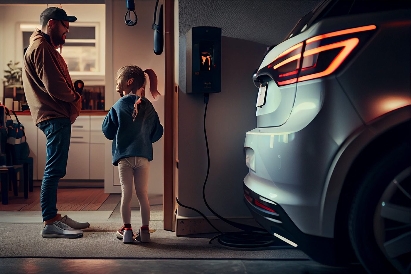 An electric vehicle parked in a home garage, connected to a charging station. A father and his daughter stand nearby, demonstrating eco-friendly transportation choices and family engagement.