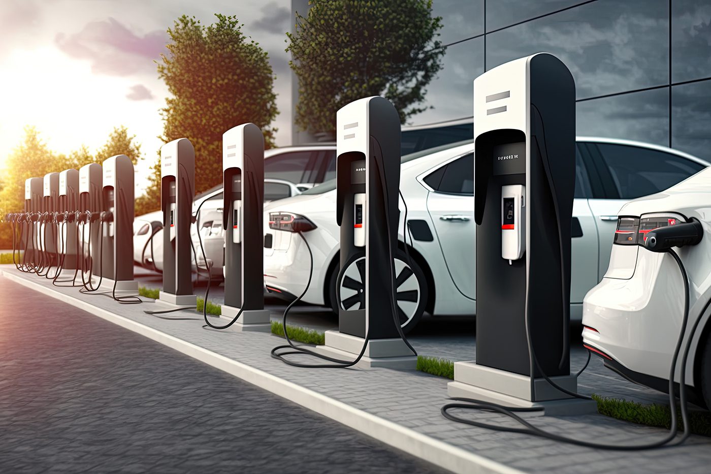 A row of white electric vehicles parked at a charging station, with all cars plugged in.